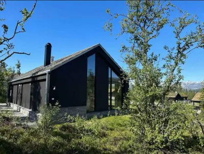 a black house with glass windows on a field at The Lookout At Beitostølen in Beitostøl
