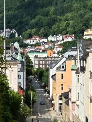 a view of a town with a mountain at 2-roms leilighet med spektakulær utsikt og privat hage in Bergen
