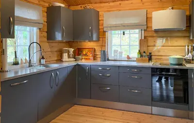 a kitchen with stainless steel appliances and wooden walls at 3 Bedroom Beautiful Home In Straumgjerde in Brunstad