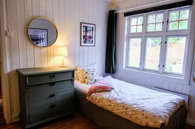 a bedroom with a bed and a dresser and a mirror at Leave It All in Venabygd