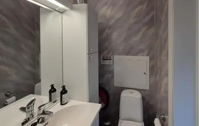 a bathroom with a sink and a mirror and a toilet at Awesome Apartment In Trysil With Sauna in Trysil