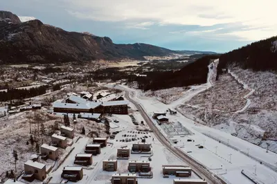 an aerial view of a town in the snow at Hemsedal ski in ski out, modern comfort by the slopes in Hemsedal