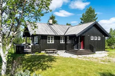 a black house with a red door at Fjellkos, mountain cabin in Gol in Gol
