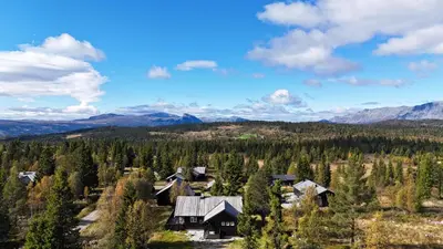 an aerial view of a house in a forest at Fjellkos, mountain cabin in Gol in Gol