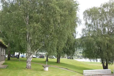 a park with a bench and trees in the grass at Fleischer's Motel in Vossevangen