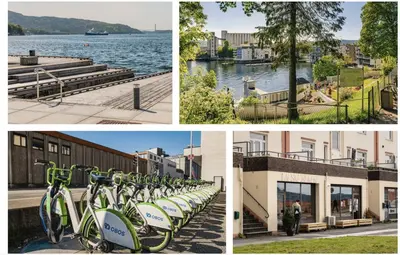a row of bikes parked next to the water at Bergenhus apartment in historical Sandviken in Bergen