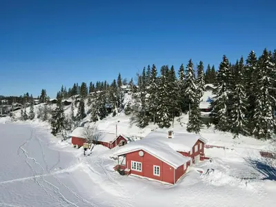 a red house in the snow with trees at Family Cabin By Lake Mylla With Private Dock in Lunner