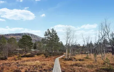 a wooden path in the middle of a field with trees at Amazing Home In Skare With Sauna in Skare
