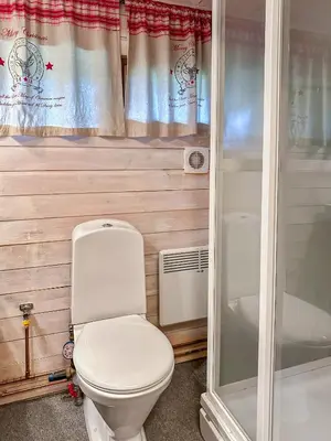 a bathroom with a toilet and a shower at Utsikt mot fjellene Ski in out 16 sengeplasser in Aurdal
