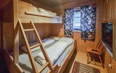 a bunk bed in a wooden room with a ladder at Awesome Home In Hemsedal With Sauna in Hemsedal