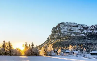 a mountain in the distance with a snow covered field at Awesome Home In Hemsedal With Sauna in Hemsedal