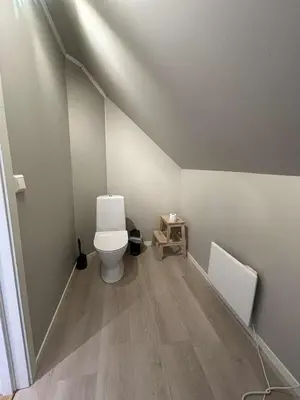 a bathroom with a toilet in the corner of a room at Villa Isfjorden in Isfjorden