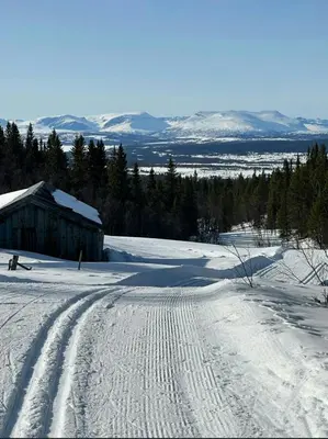 a snow covered field with a barn and tracks in the snow at Sunny Cabin With Panoramic Views At Golsfjellet in Tisleidalen