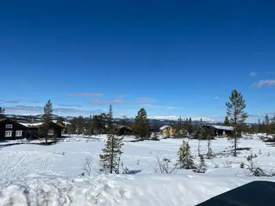 a field covered in snow with houses and trees at Large Dream Cabin On Vegglifjell in Veggli