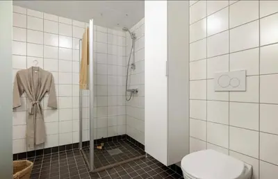 a bathroom with a toilet and a shower at Great apartment in Bergen! in Lii