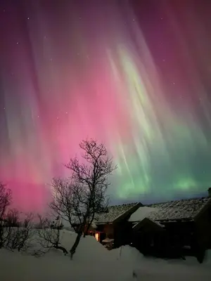 an aurora over a house in the snow at Fjellperlen, Hardangervidda in Eidfjord
