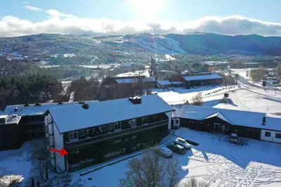an aerial view of a building in the snow at Central apartment - walking distance to everything in Holo