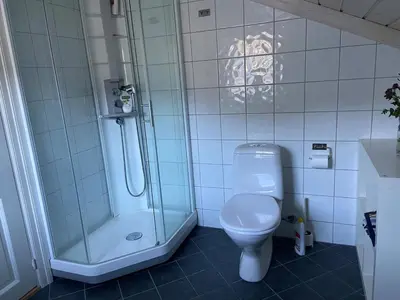 a white bathroom with a shower and a toilet at Rustik hytte i Gausta, ski in, ski out, 10 beds in Gaustablikk