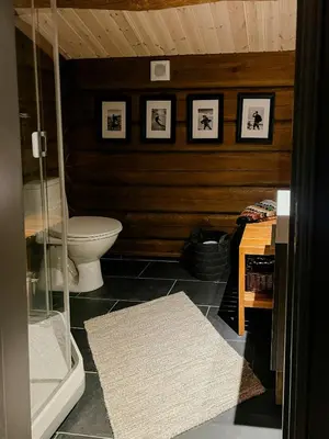 a bathroom with a toilet and pictures on the wall at Family Cabin With Panoramic Views In Aurdalsåsen in Aurdal