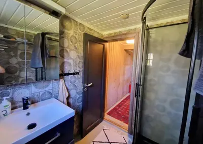 a bathroom with a shower and a sink and a toilet at Trivelig og romslig hytte nær Røros, rikelig med uteplass in Glåmos