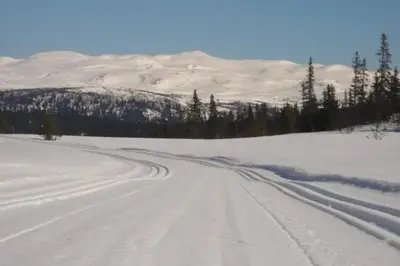 a snow covered road with trees and mountains in the background at Timber Cabin With Panoramic Views At Spåtind in Etnedal