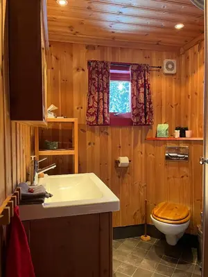 a wooden bathroom with a toilet and a sink at Authentic Norwegian Cabin - Sauna, Firehouse & Nature in Vossevangen