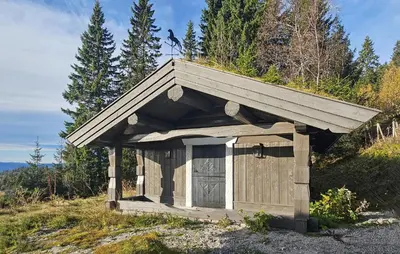 a small wooden outhouse with a door on a hill at Cozy Home In Eggedal With Wifi in Eggedal