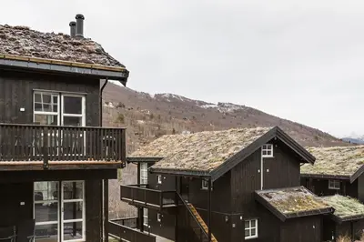 a group of buildings with a mountain in the background at Stranda Fjellgrend 3 bedrooms and loft - 80C in Stranda