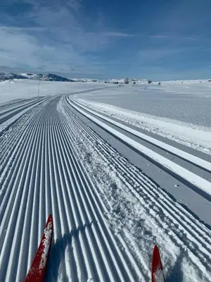 a pair of skis on a snow covered road at Mountain Cabin With Magical Views At Dagalifjell in Uvdal