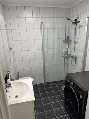 a bathroom with a sink and a washing machine at Bright and modern city center apartment in Ålesund