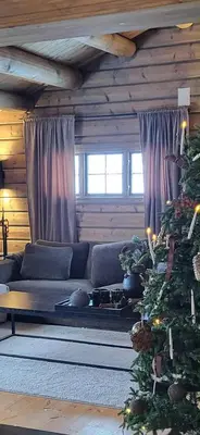 a living room with a couch and a christmas tree at Bjorlicabin in Bjorli