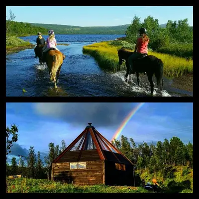 two people riding horses in a river with a house at Hessdalen Ufocamp in Vårhus
