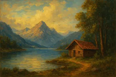 a painting of a painting of a river and a house at Bakarvågen 2