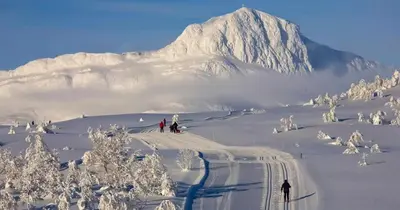 a group of people skiing down a snow covered mountain at Lovely Family Cabin Near Ski Stadium In Beitostølen in Beitostøl