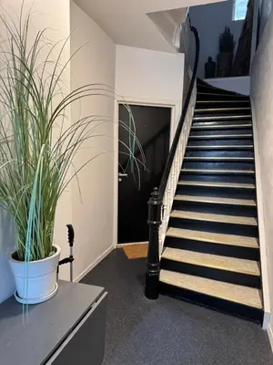 a staircase with a potted plant in a room at Koselig sentrumsleilighet - Nær Bryggen in Bergen