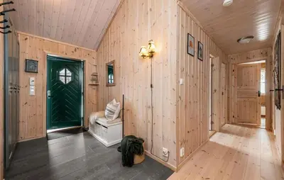 a room with a green door and wooden walls at 3 Bedroom Gorgeous Home In Nesbyen in Nesbyen