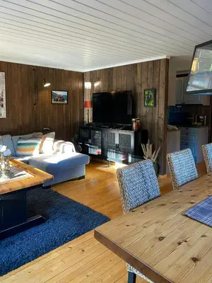 a living room with a couch and a table at Cabin With Ski Inout Near Gribbe, Valdres in Tisleidalen