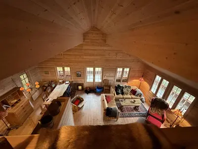 an overhead view of a living room in a log cabin at Family cabin in Hafjell, ski in-ski out in Hafjell