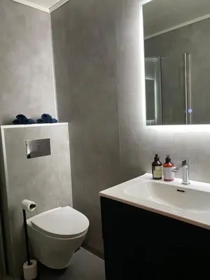 a bathroom with a white toilet and a sink at Holmøy Lodge in Holmøyane