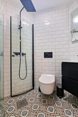 a bathroom with a shower with a toilet and a sink at Torshov Gård, Viking grounds in Hamar