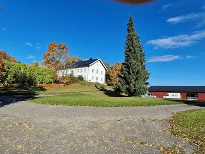a large white house with a tree in the yard at Torshov Gård, Viking grounds in Hamar