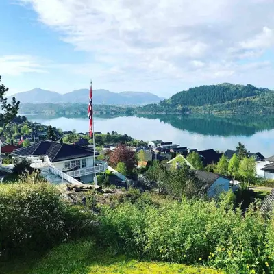 a town with a view of a lake at House with oceanview, 4 bedrooms, close to Bergen in Alversund