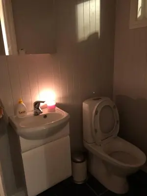 a bathroom with a toilet and a candle on a sink at House with oceanview, 4 bedrooms, close to Bergen in Alversund