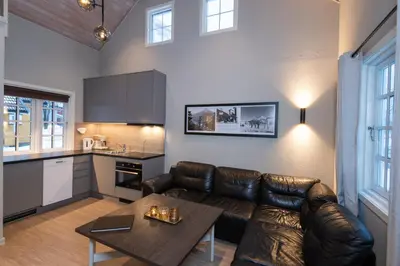 a living room with a leather couch and a table at Rjukan Hytteby in Rjukan