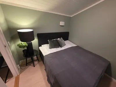 a bedroom with a bed and a lamp in it at House with great location in Trysil