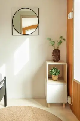 a mirror on a wall above a white cabinet with a plant at Elegant 1-Bed Apt in City Centre in Trondheim