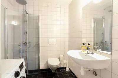 a bathroom with a sink and a toilet and a shower at Elegant 1-Bed Apt in City Centre in Trondheim