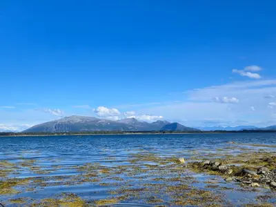 a large body of water with mountains in the background at Apartament Vigra Fjord in Synes