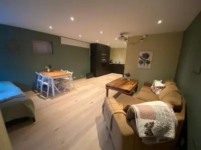 a living room with a couch and a table at Koselig, ny 1-roms hybelleilighet med moderne kjøkken in Stord