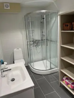 a bathroom with a shower and a sink at Koselig, ny 1-roms hybelleilighet med moderne kjøkken in Stord